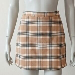 Love‎ Tree Plaid Mini Skirt Side Slit Neutral Tan Tartan Size S Small Schoolgirl